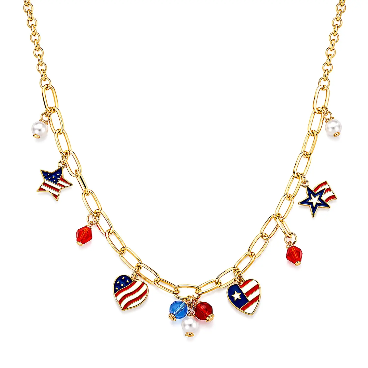 Red  Crystal and Multi Pearl Glass, Enameled USA Independence Day inspired Charm Necklace 20-22 Inches in Goldtone