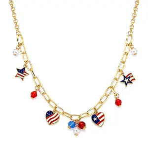 Red  Crystal and Multi Pearl Glass, Enameled USA Independence Day inspired Charm Necklace 20-22 Inches in Goldtone