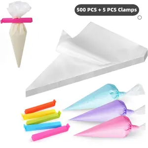 500 PCS of 10-inch piping bags and 5 PCS of sealing clips, thick non-pointed type piping bags, anti-slip disposable decorating bags, suitable for royal frosting, cookies and cake decoration.