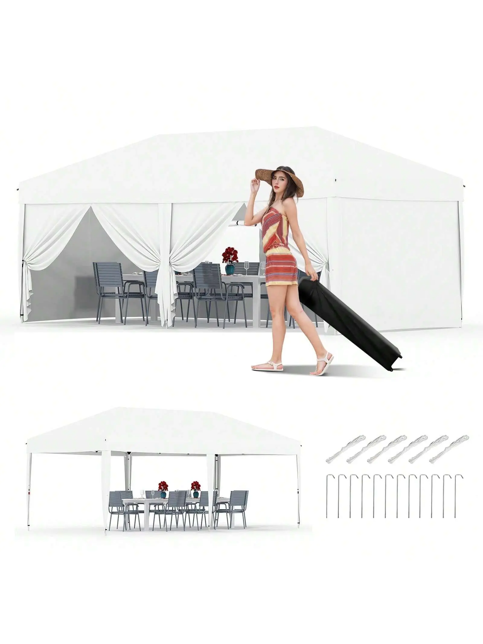 Gaomon 20 x 10 ft Adjustable Waterproof Pop Up Canopy Shade, Heavy-Duty Steel Legs Shaded Canopy, Tool-Free 1-Person Setup Oxford Fabric Commercial Instant Shelter for Fishing, Barbecues, White with 6 Sidewalls, Sports