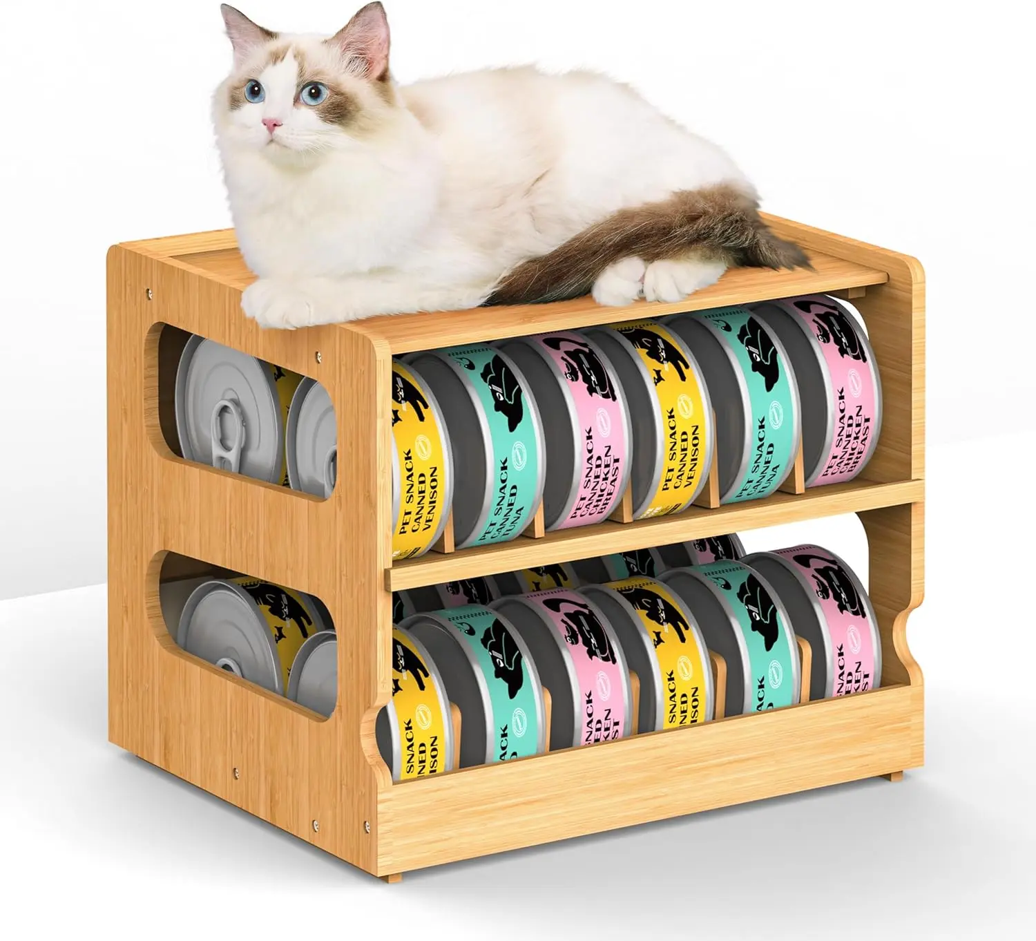 2-Tier Stackable Bamboo Can Organizer Rack with FIFO Dispenser, Adjustable Dividers for Kitchen Pantry Cabinet, Cat Wet Food Can Storage Holder