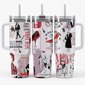 40oz Fashion Collage Tumbler with Handle, Chic Red Aesthetic Travel Mug, Stylish Boss Lady Cup with Straw & Lid, Gift for Her