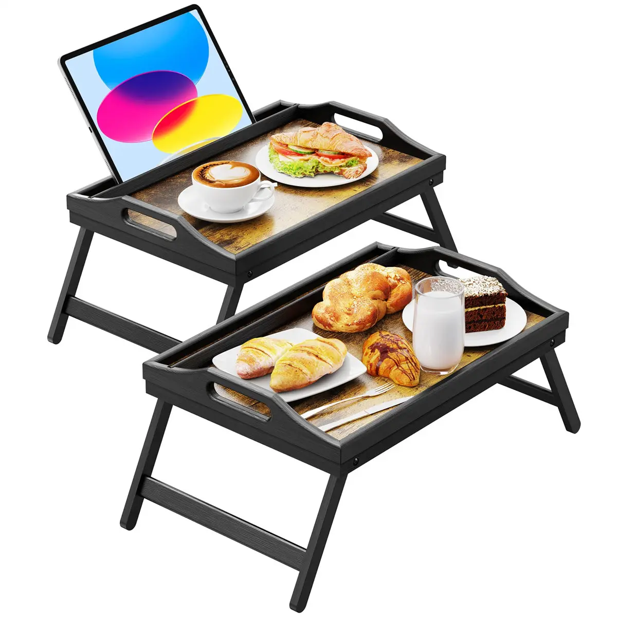 Breakfast in Bed Tray for Eating, 16.92 x 12.6 Inch Bed Table Tray with Folding Legs & Handles, Bamboo Food Lap Trays Fits for Adult Kids Eating/TV