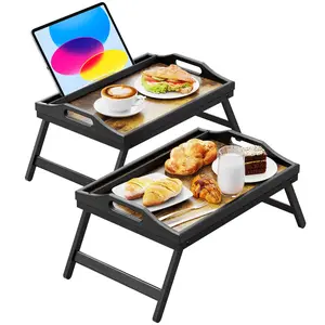 Breakfast in Bed Tray for Eating, 16.92 x 12.6 Inch Bed Table Tray with Folding Legs & Handles, Bamboo Food Lap Trays Fits for Adult Kids Eating/TV
