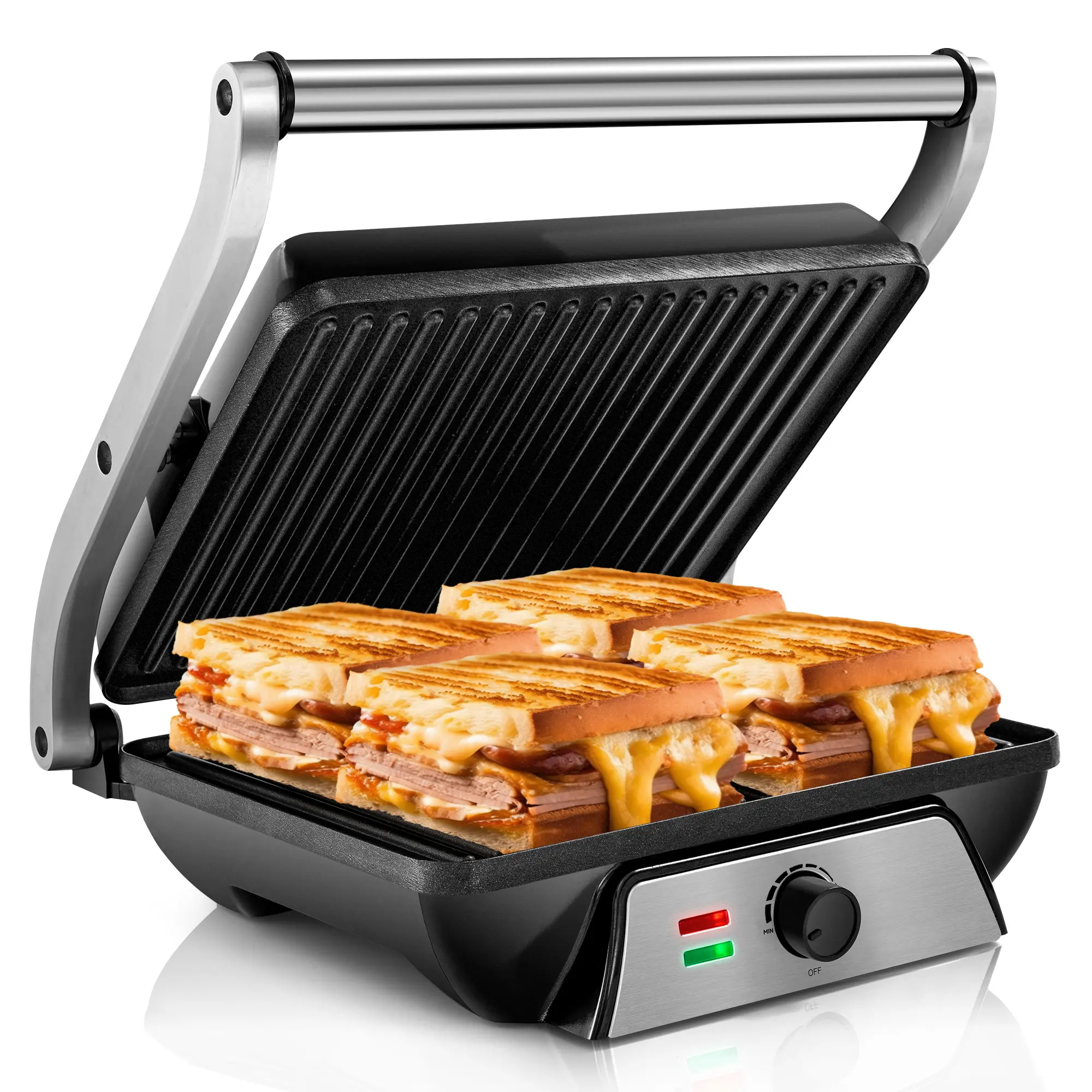 SUSTEAS Compact Indoor Electric Nonstick Coating Griddle - 2 Large Cooking Plates, Double-Side Heat, 180° Adjustable Lid, 1500W Power, Compact Fold Design, Easy-to-Use for Meats, Veggies, Grill Fry Griddle