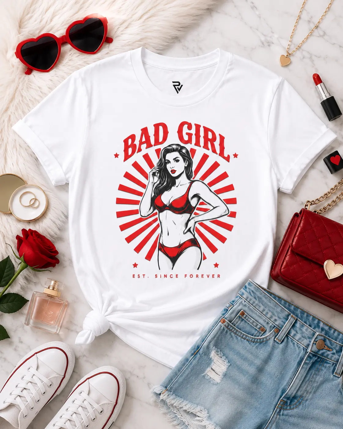 Psyche Visuals Women's Bad Girl Est. Since Forever T-Shirt - Vintage Pinup Baddie Graphic Tee