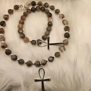 Sunstone Necklace Set with Ankh Pendant and Beaded Design for Elegant Wear