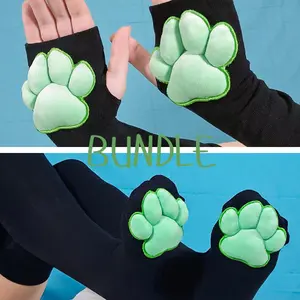 Black Thigh High Cat Paw Socks & Glove Set– Green Plush Paw Pads