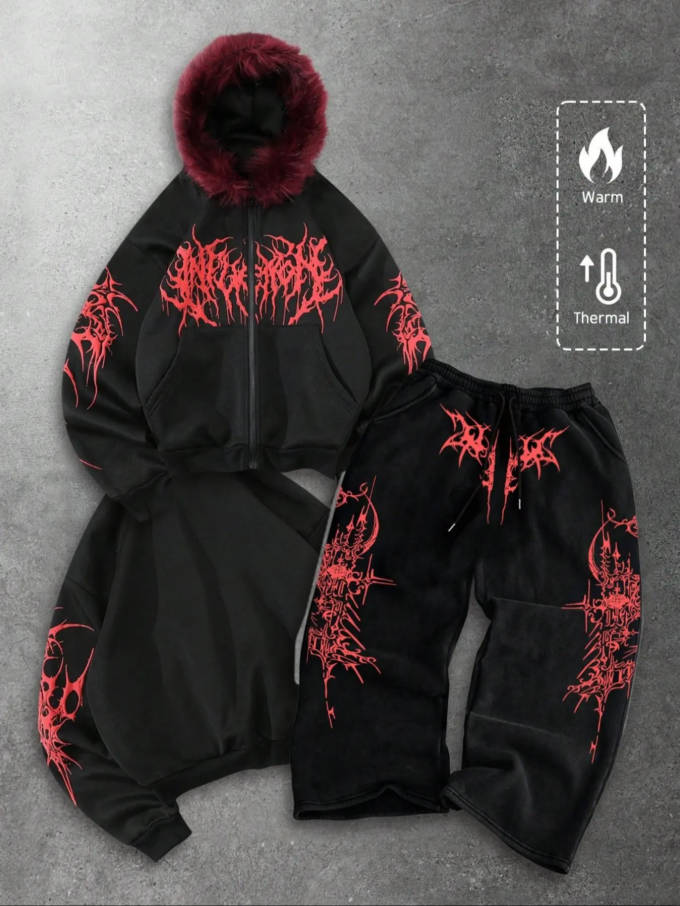 Tiktok Trendy Faux Fur Hoodie and Jogger Set, Gothic Print Streetwear, Casual Fit, Ideal for Urban Fashion Enthusiasts