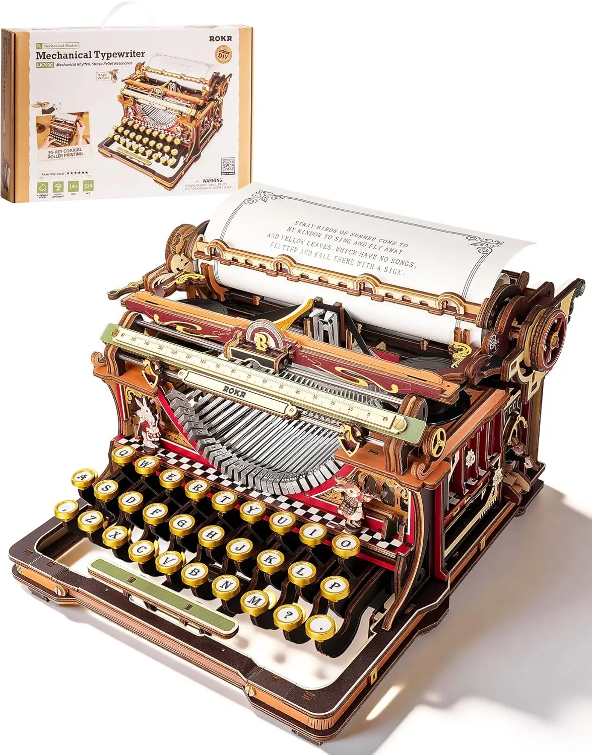 ROKR 3D Wooden Puzzles for Adults, Vintage Typewriter Model Kit LK703C (Magic Version) to Build, 12-Hour Immersive Mechanical Building Set, Unique Gift Idea for Adults