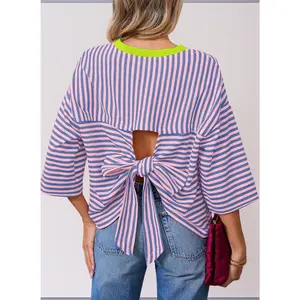 Women's 2026 Striped Tie Back T-Shirt Casual Loose Fit Crewneck Short Sleeve Tee Summer Tops