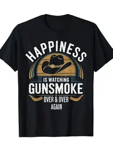 Men's & Women's Funny Gunsmoke Retro TV Show T-Shirt - 100% Cotton 220g Casual Round Neck Tee with Vintage "Happiness Watching Gunsmoke Over & Over" Graphic - Short Sleeve Shirt Suitable for Men Women 3