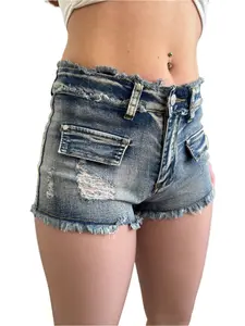 Low Rise Elegant Ripped Denim Jean Shorts for Women with Deep Back Pockets & Designer Fake Front Pockets Stretchy Comfortable Casual Style - Womenswear, Bottom Fabric Sexy
