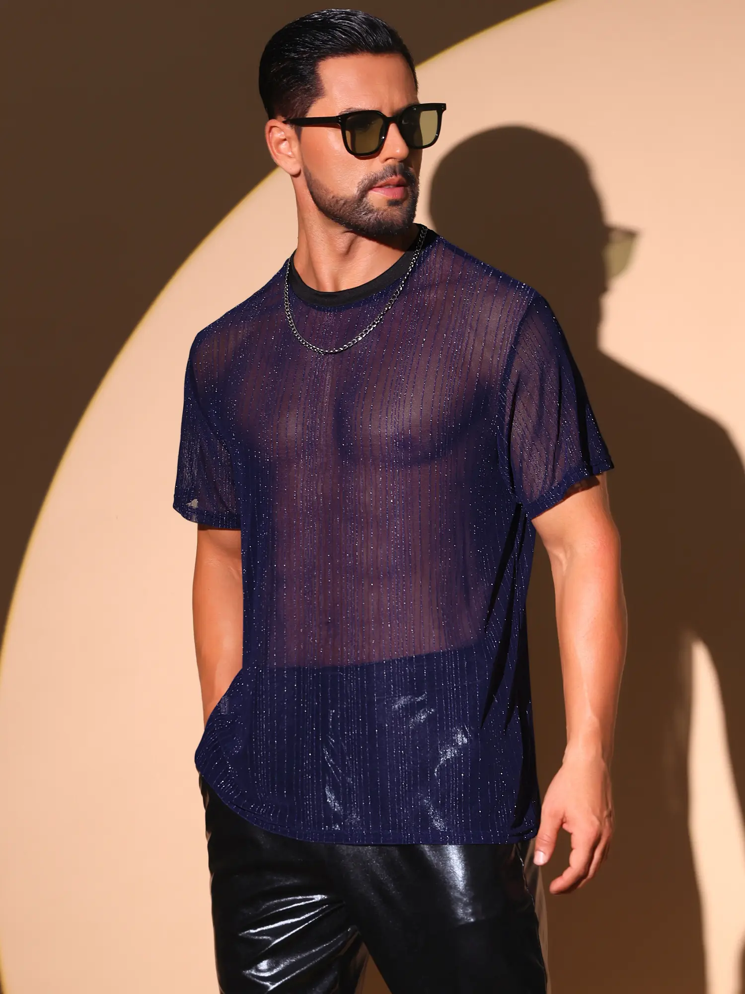 INSPIRE CHIC Shiny See Through T-Shirt for Men's Breathable Short Sleeve Party Sheer Blue Mesh T-Shirts