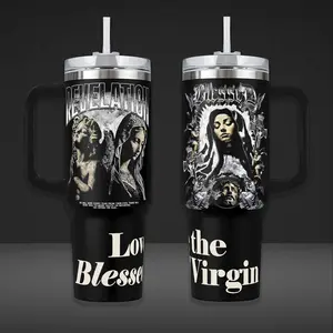 Ultimate Blessed Virgin Mary 40oz Tumbler with Handle | Vintage Catholic Revelation Jesus Custom Cup 20oz No Handle| Gothic Tattoo Style Faith Insulated Mug | Christian Religious Gift | Cup Holder Friendly