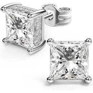 18K White Gold Plated Sterling Silver Princess Cut Cubic Zirconia Stud Earrings Square Simulated Diamond CZ Stud Earrings for Women Men Hypoallergenic