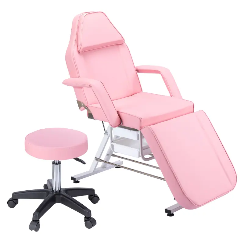 Facial Chair Tattoo Chair Massage Bed with Hydraulic Stool and Two Trays for Professional Massage Facial Lash Beauty Treatment Spa