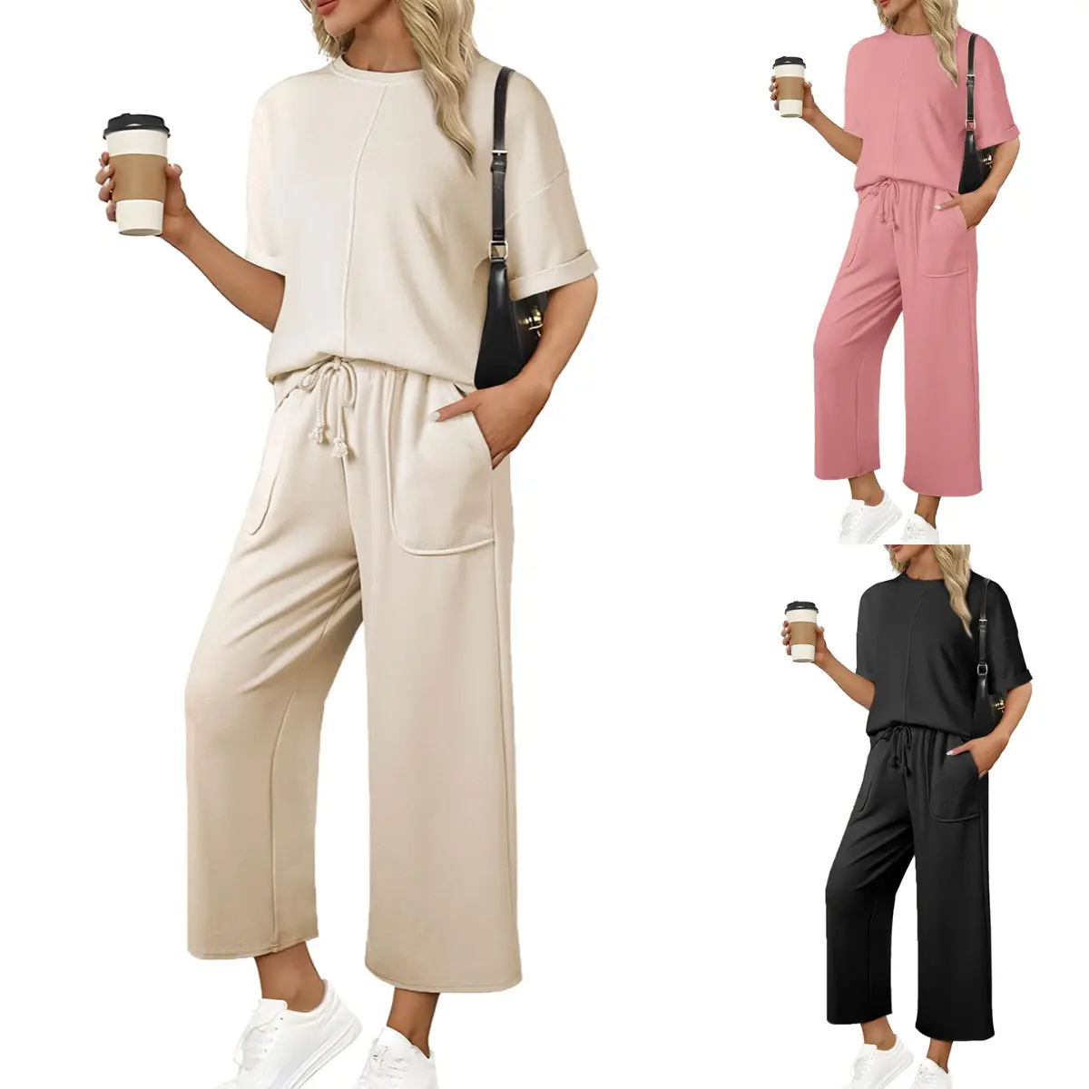 Molitree Women's 2 Piece Outfits Sweatsuit Casual Short Sleeve Pullover Tops and Drawstring Wide Leg Pants Lounge Sets Womenswear Clothes Basic Shortsleeve