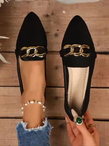 Pointed-Toe Velvet Material Loafers with Chain Buckle, Elegant Retro Style Comfortable Flat Sole Shoes for Work & Casual Wear
