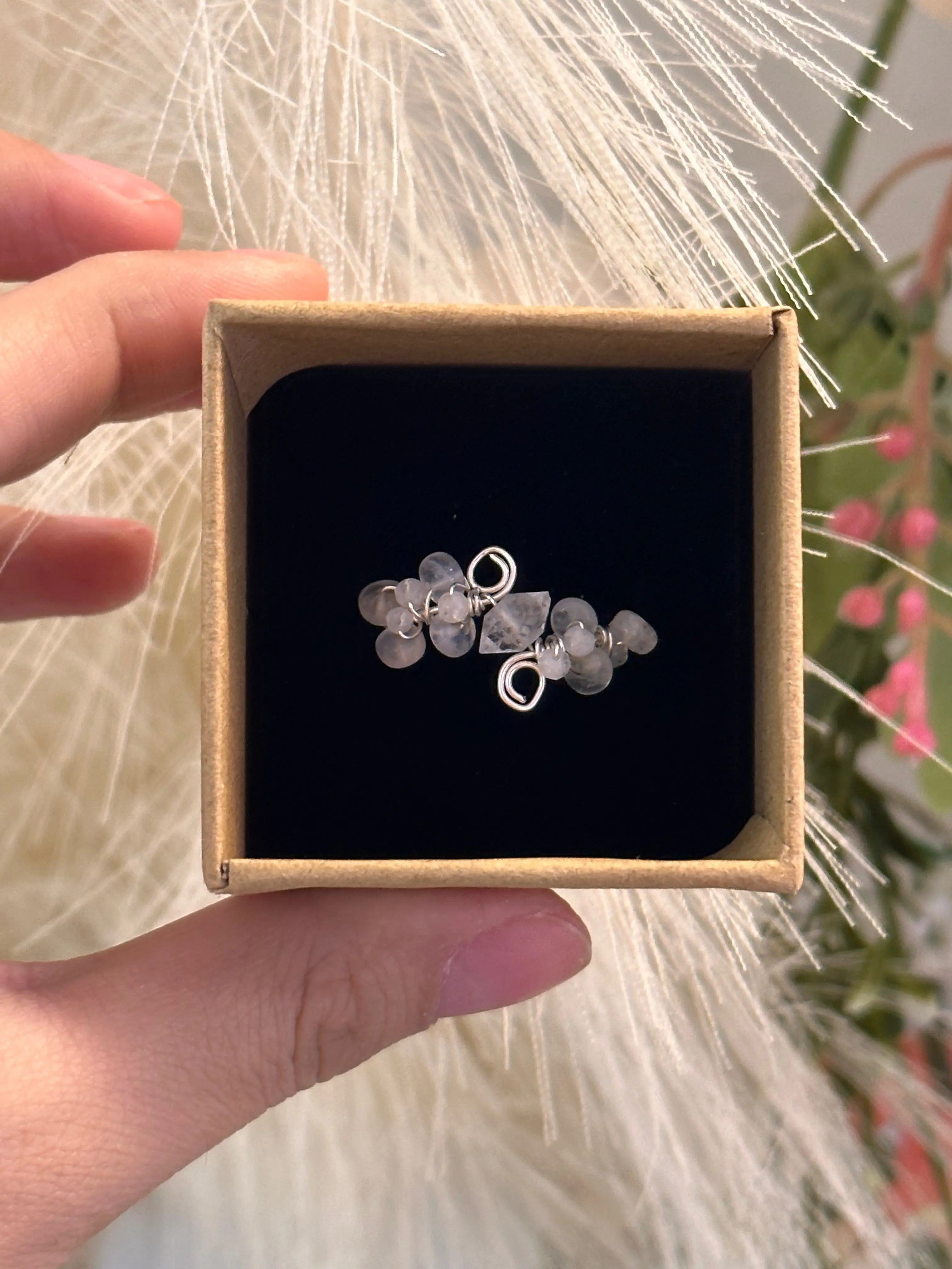 Herkimer Diamond & Moonstone Sterling Silver Wire Ring | Handmade & Adjustable