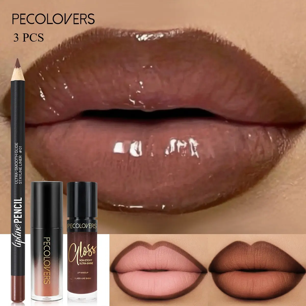 3Pcs Fine Cool Toned Lip Liner And Lip Oil Set, Long Wearing Lip Beauty Kit, Gentle Hydrating Lip Set, Portable Makeup Suit For Travel And Party Looks, Pink And Brick Red And Chocolate, Lip Makeup Product