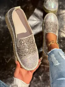 Women's Crystal Embellished Slip-On Sneakers, Casual Comfortable Footwear for Daily Wear, Stylish Women's Shoes for Everyday Use, Slip On Style