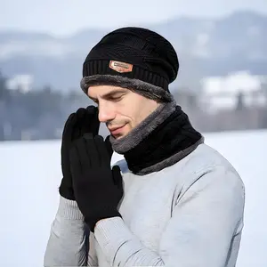 Winter Hat Cap Thermal Beanie Scarf Gloves Set Plush Lined 3pcs Headgear Unisex Cold Weather Accessories Soft Knit Hat Neck Warmer Touchscreen Gloves for Men