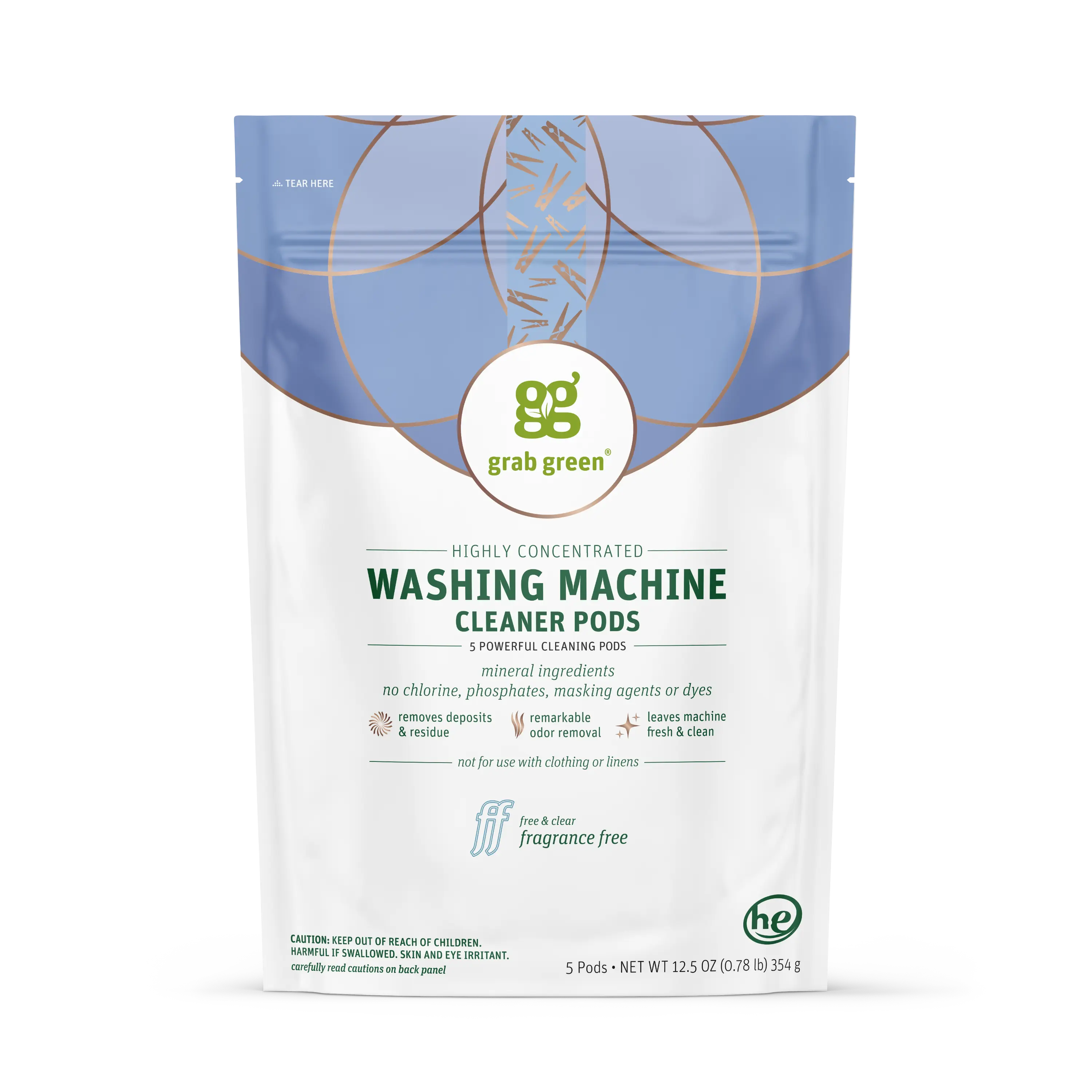 Grab Green Household Washing Machine Cleaner Pods - Super Concentrated Wash, Fragrance Free, Bio-Based Ingredients, No Chlorine Phosphates or Dyes, 5 Pods