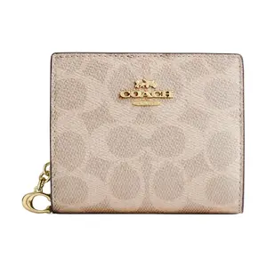 COACH Snap Wallet 11 for Women – Gold Logo Snap Closure, Coated Canvas, Sand Color