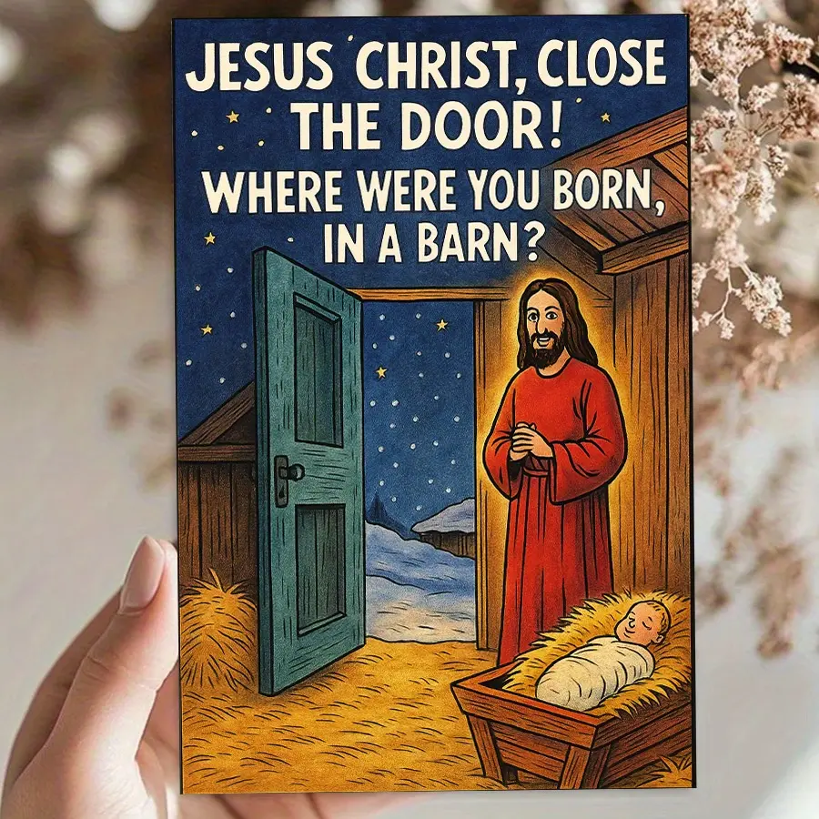 1 fun Christmas card with humorous message of 'close the door' - perfect for friends, family, and colleagues - cartoon style religious holiday greetings, suitable for Christmas celebrations, including holiday envelopes, funny Christmas cards