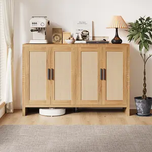 4-Door Large Sideboard Buffet Cabinet with Natural Rattan Doors, Wooden Kitchen Storage Cabinet with Adjustable Shelves, Bohemian Coffee Bar Console Table for Dining Room, Entryway, Living Room