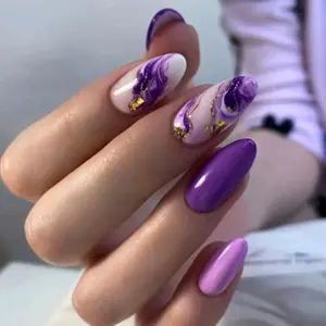 Long Almond Purple Design Press On Nails 24CT