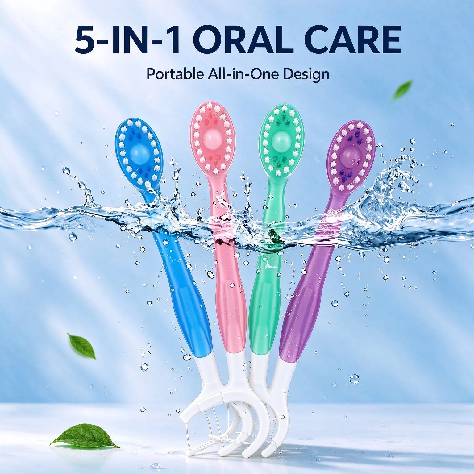5-in-1 Compact Disposable Mini Toothbrush with Mint Toothpaste & Dental Floss - Daily All-in-1 Oral Care Kit, Portable Individually Wrapped Travel Toothbrush for Fresh Breath