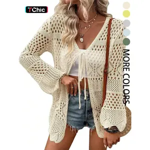 Women's Solid Color Hollow Out Crochet Cardigan, Lady Casual Long Sleeve Tie Front Knitwear for Summer, Fashion Women's Knit Clothing for Beach Vacation, Womenswear, Cardigan Sweater, Longsleeves Clothes for Women, Relaxed Fit Cardigan
