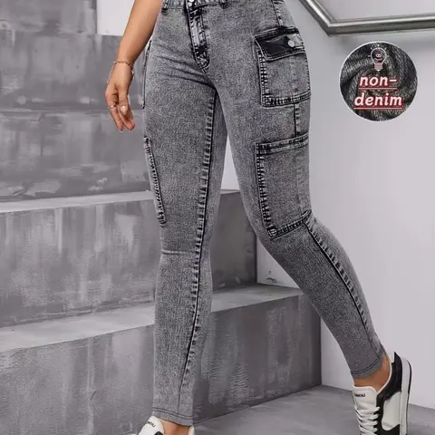 Women's Printed High-Waist Jeggings Faux Denim Skinny Stretch Fit Pants with Pockets, All-Season Casual Streetwear Bottoms High Rise Skinny