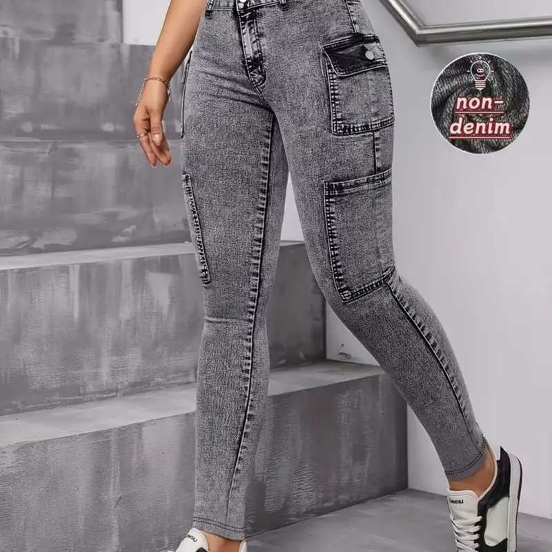Women's Printed High-Waist Jeggings Faux Denim Skinny Stretch Fit Pants with Pockets, All-Season Casual Streetwear Bottoms High Rise Skinny