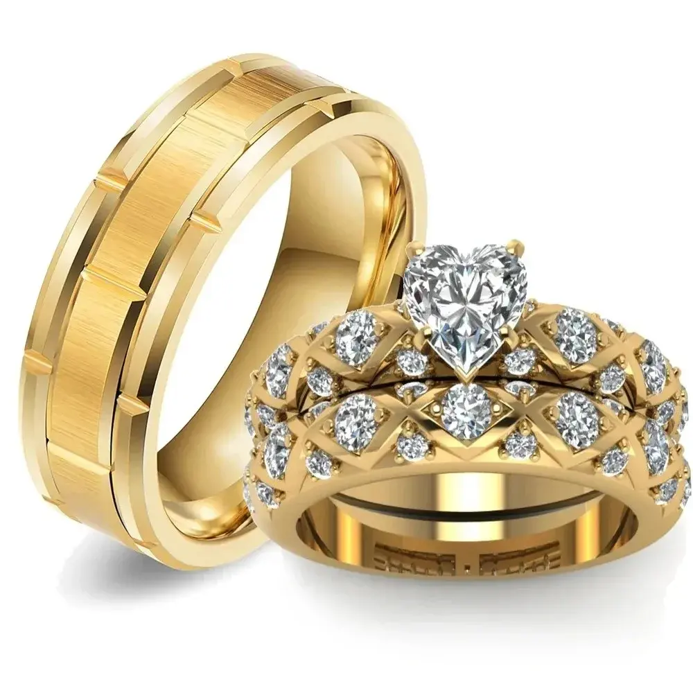 His and Hers Couple Rings Luxury Gold Color Women Heart Zircon Wedding Rings Set Men Stainless Steel Ring Wedding Jewelry Gifts