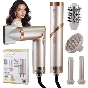 Hatteker Hair Dryer,Ceramic Curling iron,Negative Ionic Blow Dryer,Professional Low-Speed Hairdryer Foldable 5-in-1 Multi-Function Hair Dryer with Interchangeable Attachments, Ceramic Barrel Brushes, Drying,Rose Gold