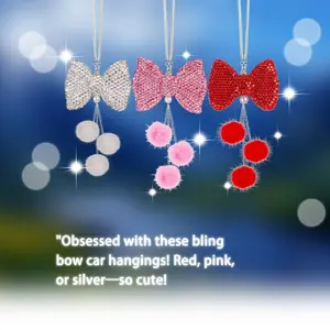 Bling Bow Rhinestone Fur Ball Car Interior Hanging Ornament, Cute Luxurious Rearview Mirror Pendant, Women's Sparkle Car Decor Gift Box