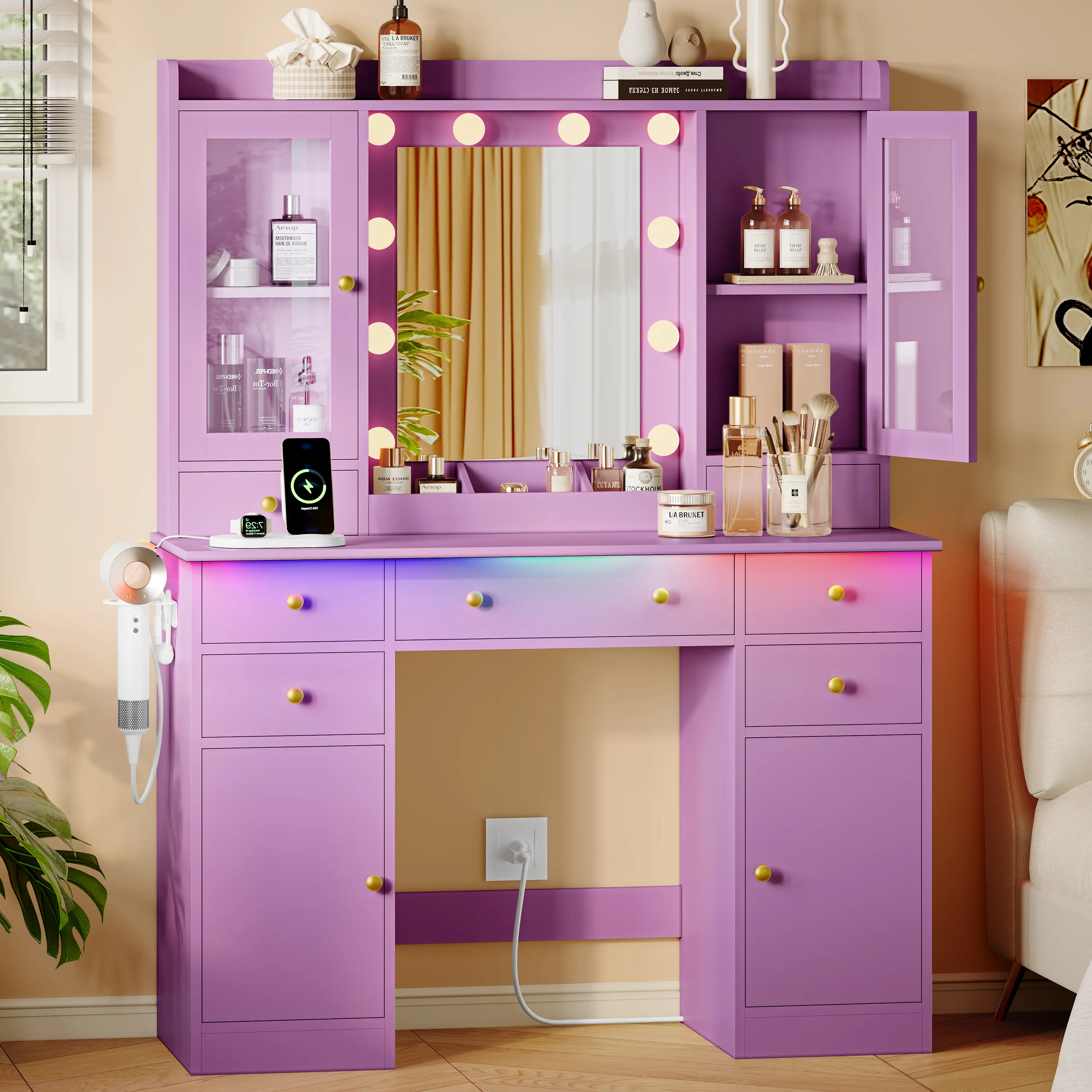 Makeup Vanity Desk - Drawer-Equipped, Stylish, Luxury-Inspired Tabletop Makeup Vanity with Storage Drawers, Charging Station, RGB Lights for Bedroom, Bathroom, Stylish Makeup Vanities fathers day gift ideas