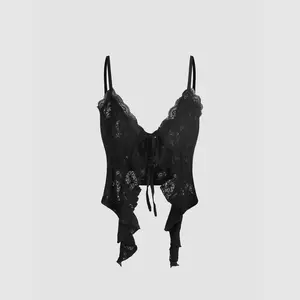 Cider Lace Ruffle Hem Knotted Knit Crop Top