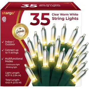 Warm White Christmas Tree Lights - 6.3ft String of 35 Incandescent Mini Bulbs, Multifunctional Lighting Modes for Decor, Bedroom, Outdoor, Xmas Twinkle Lights with Green Wire Total 6.6ft