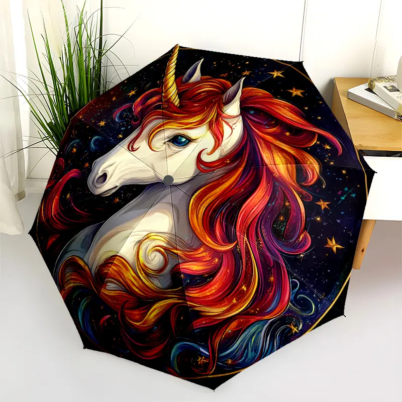 1 PC Automatic Folding Umbrella - Colorful Unicorn Fantasy Art Pattern, Portable & Foldable Design with 8 Ribs, Merry Christmas Pattern,Casual Outdoor Accessory Halloween and Christmas Birthday Gifts. C0060