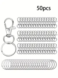 50 silver keychain hooks with keychains, keychain clip hooks with rings, used for DIY hanging rope jewelry keychain making, jewelry making, art crafts, DIY Jewelry Accessories, (25 metal lobster claw rings+25 independent keychains)