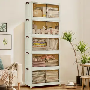 Stackable Storage Bins, Folding Storage Box with Magnetic Doors & Wheels, Loset Organizers and Storage with Lids, Collapsible Plastic Drawers for Bedroom Kitchen Office, White