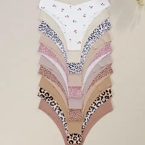 Women's Leopard Print Underwear Set, 10-Piece Fitted Design, Natural Waist Comfortable Breathable Fabric, All Season Casual Style, Fashion Breathable Underwear, Soft Breathable Panties, Leopard Print Knicker, Fashion Comfy Underwear, Natural Waist Panty