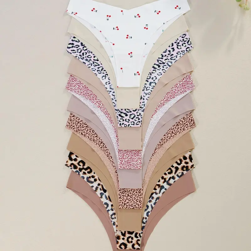 Women's Leopard Print Underwear Set, 10-Piece Fitted Design, Natural Waist Comfortable Breathable Fabric, All Season Casual Style, Fashion Breathable Underwear, Soft Breathable Panties, Leopard Print Knicker, Fashion Comfy Underwear, Natural Waist Panty