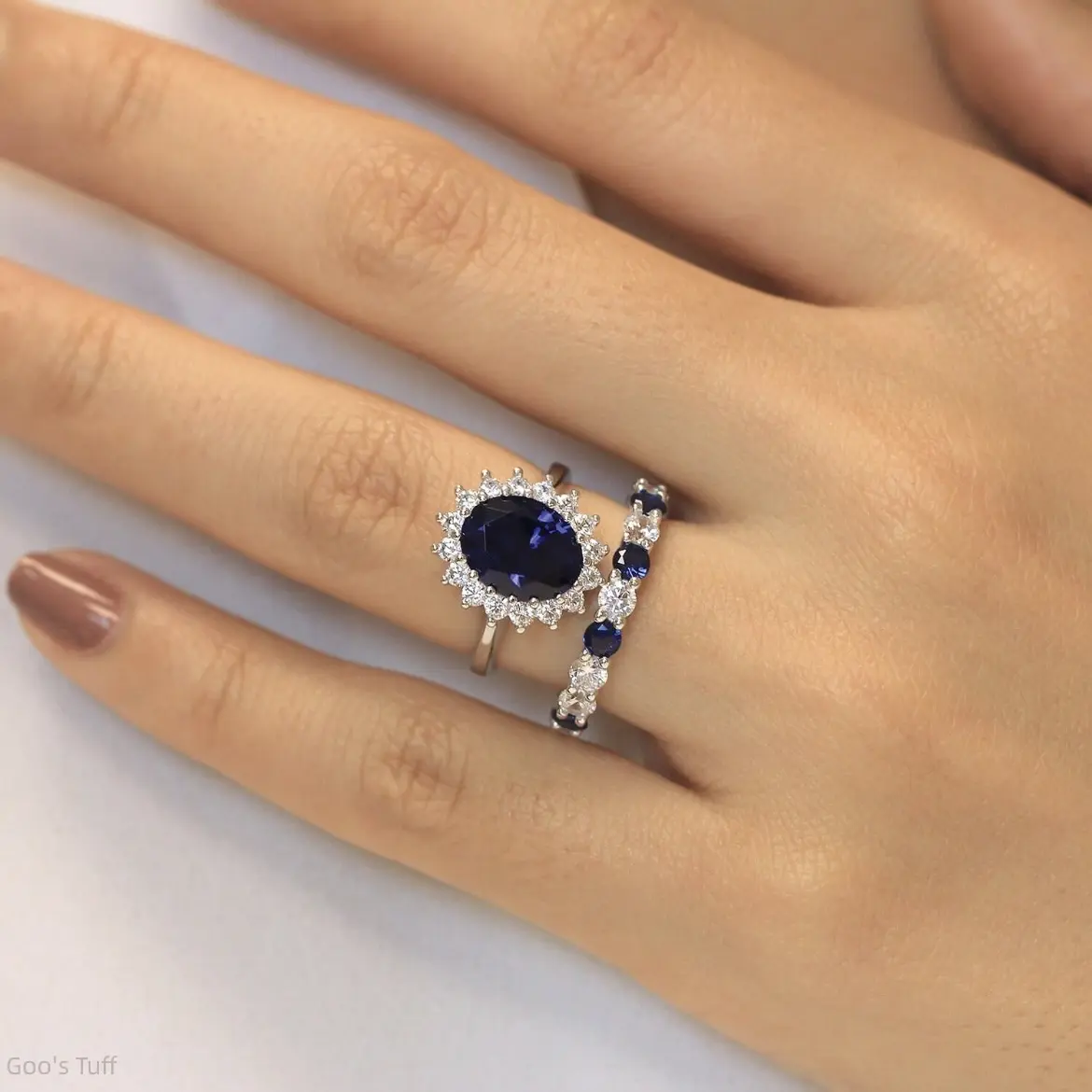 Women's Dainty Sapphire Matching Band Ring Set, Trendy Viral Western-Style Unique Minimal Texture Couple Bands, Ideal for Wedding Gifts & Office Jewelry