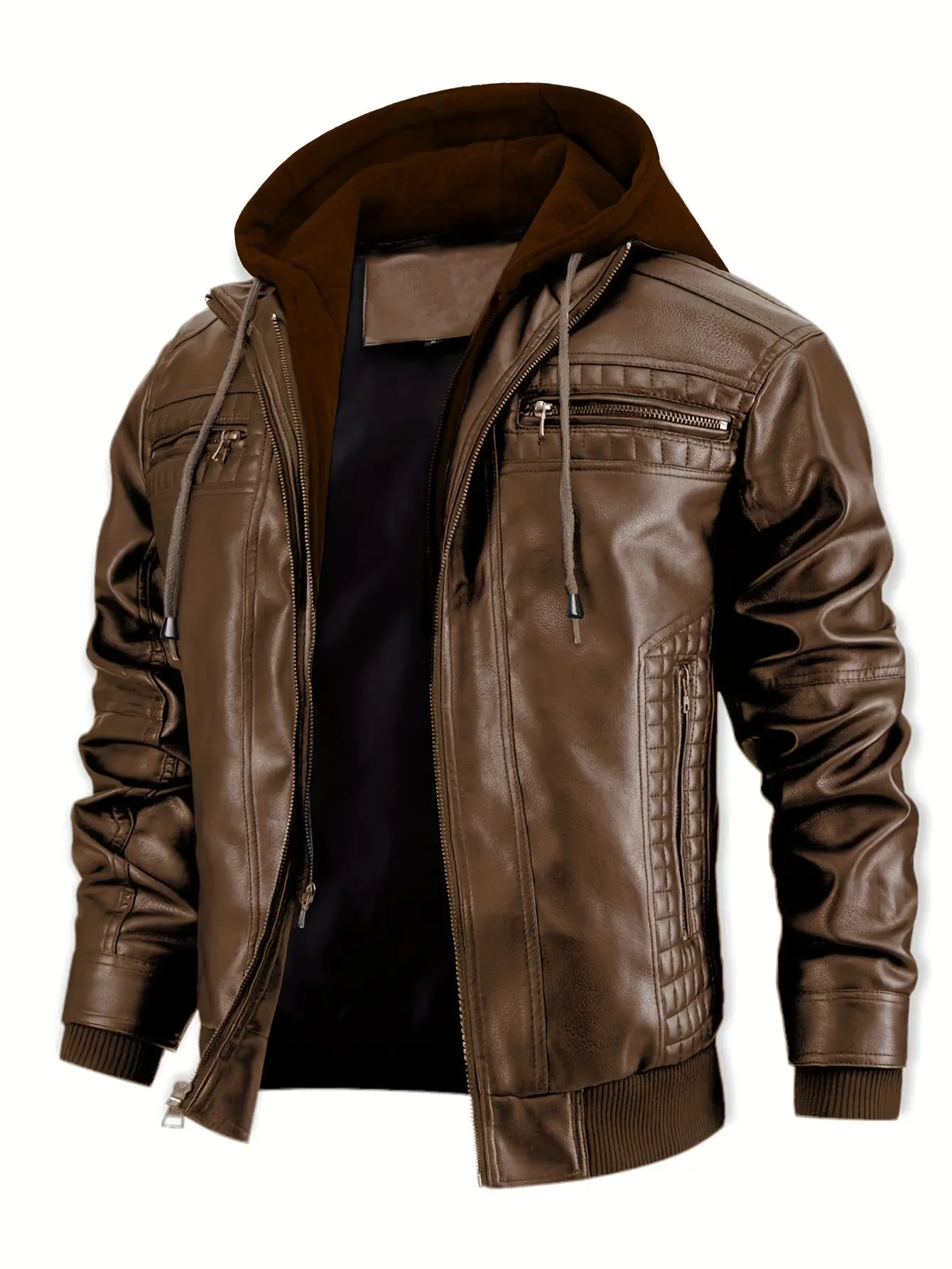 Men's Hooded Biker Bomber Jacket with Quilted Details - Perfect Staple for your Urban Aesthetic - Zip-up Utility Coat with Pockets for Instant Drip Casual Long Sleeve