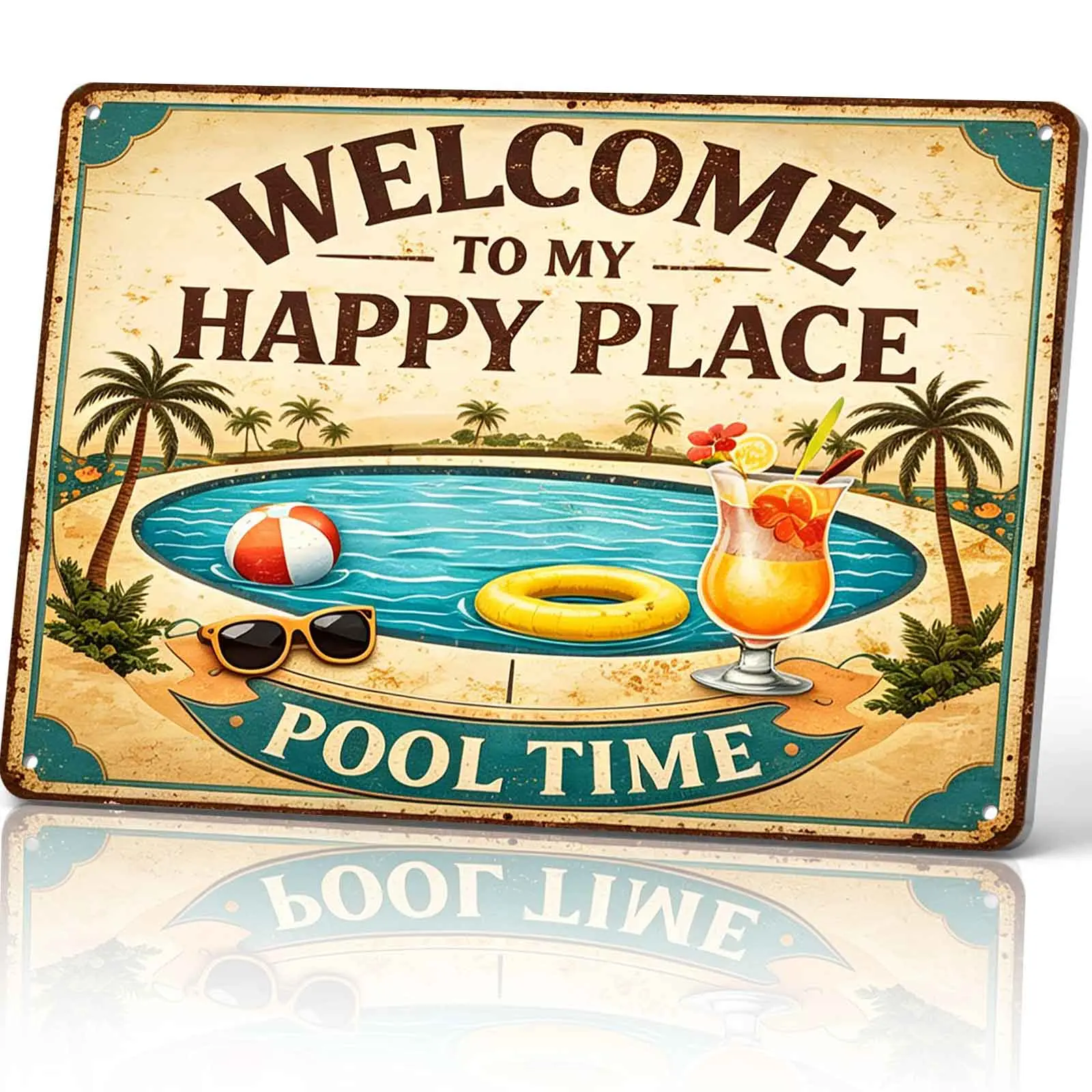 Vintage "Welcome To My Happy Place" Aluminium Metal Pool Sign, 8x12 in Home Decor Wall Art, Poolside Patio Decor